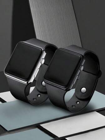 1對情侶電子手錶，學生電子電鍍手錶酷方形LED夜光運動戶外時尚手錶，學生情侶手錶