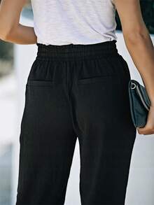 Women's Solid Color Drawstring Smocked Waist Joggers - Black - View 6