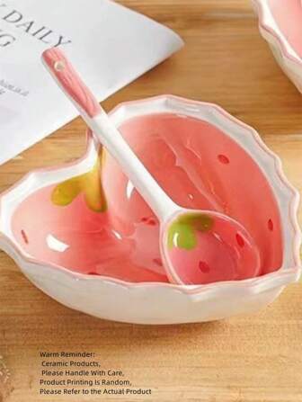 1pc Ceramic Bowl, Strawberry Pattern, Pink, Chinese Style Underglaze Color Fruit Salad Tableware, Birthday Gift (Spoon/Bowl/Plate Color & Pattern Random), (One Size, Pink Bowl And Spoon Set), Kitchen, Christmas Gift