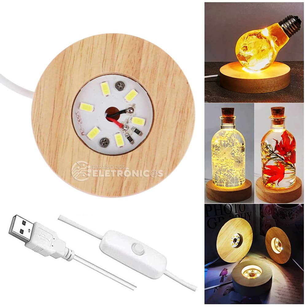 Base Madeira Iluminada Led Branco Morno Alimentada Por Usb  Interruptor Para Arte Em Resina De Vidro De Cristal 3d Ou Suporte De Exibição De Luz - 23220SHE - 1 UNI / Branco morno - Visão 1