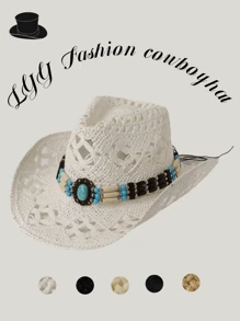 1 peça chapéu de cowboy estilo ocidental de cor sólida feminino, chapéu de sol de palha com contas unissex, chapéu de praia panamá vazado, design boho chique adequado para uso diário - Multicolorido - Ver 8