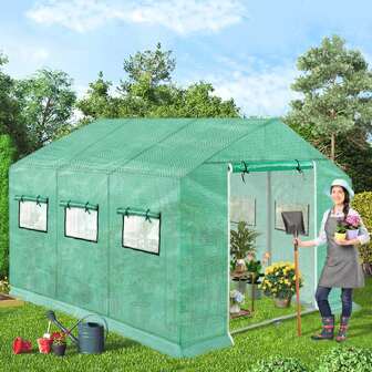 LILIIN Kas, 3x2x2m/4,5x2x2m, Groen, Folie Kas Winterbestendig met stalen fundering Raam Grondanker, Tomatenhuis Folietent Polytunnel voor tuin