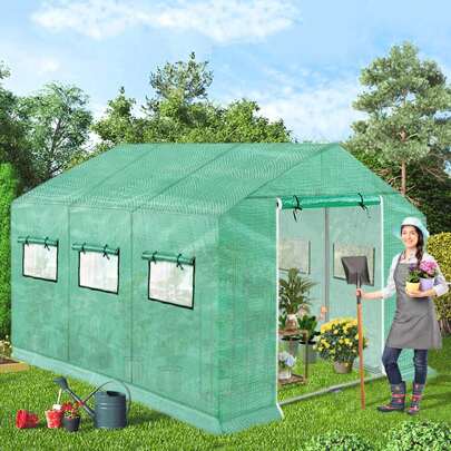 LILIIN Serra, 3x2x2m/4,5x2x2m, Verde, Serra in Lamina Resistente all'Inverno con Fondazione in Acciaio Finestra Ancoraggio a Terra, Casetta per Pomodori Tenda in Lamina Polytunnel per Giardino