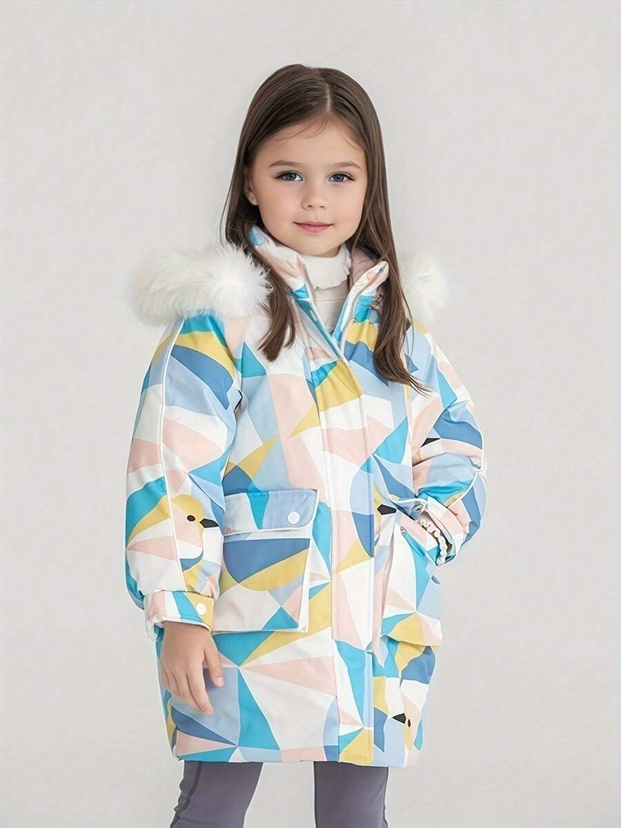 Annil 女童服裝中長款羽絨服，冬季學生防風保暖加厚印花休閒外套，藍色外套 - 藍色 - 查看 1