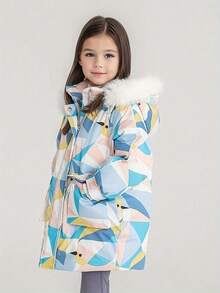 Annil 女童服裝中長款羽絨服，冬季學生防風保暖加厚印花休閒外套，藍色外套 - 藍色 - 查看 2