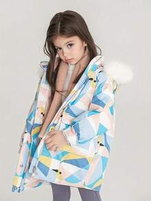 Annil 女童服裝中長款羽絨服，冬季學生防風保暖加厚印花休閒外套，藍色外套 - 藍色 - 查看 3