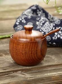 1入組帶蓋子和湯匙的鹽瓶，3.5英寸/9厘米木製檯面鹽容器，獨特的木製香料罐適用於家庭和廚房，容量6盎司