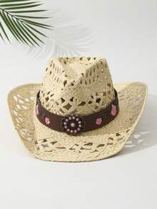 1 pieza Sombrero de vaquero estilo oeste de verano para viajes con impresión de ala ancha teñido decorativo turquesa unisex, sombrero de playa perforado para una mejor ventilación y con banda decorativa con cuentas tejida a mano, sombrero de paja - Multicolor1 - Ver 17