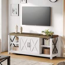 Farmhouse TV Stand For 65/60/55 Inchs, Mid Century Modern Entertainment Center With Storage Cabinets And Open Shelves, Wood TV Table Media Console For Living Room, Bedroom - 白色 - 查看 1