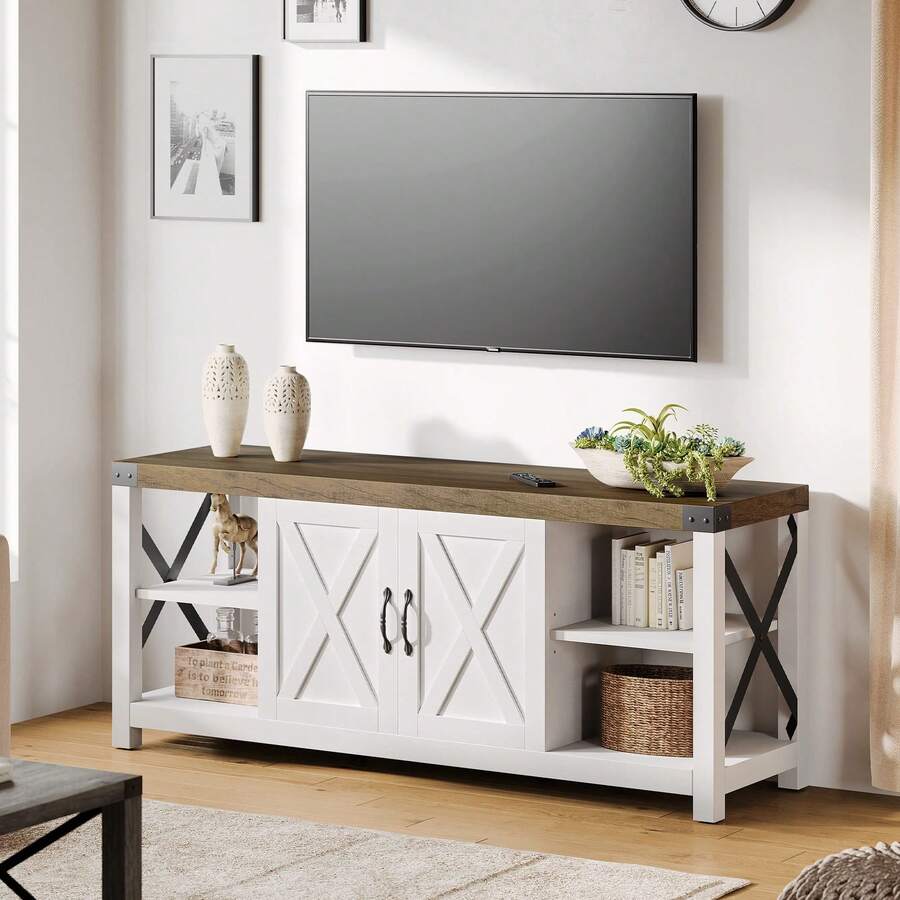 Farmhouse TV Stand For 65/60/55 Inchs, Mid Century Modern Entertainment Center With Storage Cabinets And Open Shelves, Wood TV Table Media Console For Living Room, Bedroom - 白色 - 查看 1