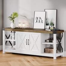 Farmhouse TV Stand For 65/60/55 Inchs, Mid Century Modern Entertainment Center With Storage Cabinets And Open Shelves, Wood TV Table Media Console For Living Room, Bedroom - 白色 - 查看 4