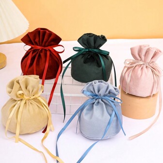10pcs Velvet Ribbon Jewelry Bags, Wedding Favor Candy Bags, Precious Keepsake Storage Pouch, Small Gift Bags For Birthday, Housewarming, Promotion Party Favors (Flat Size: 16*13CM, 5 Colors: Red, Pink, Champagne, Blue, Green)