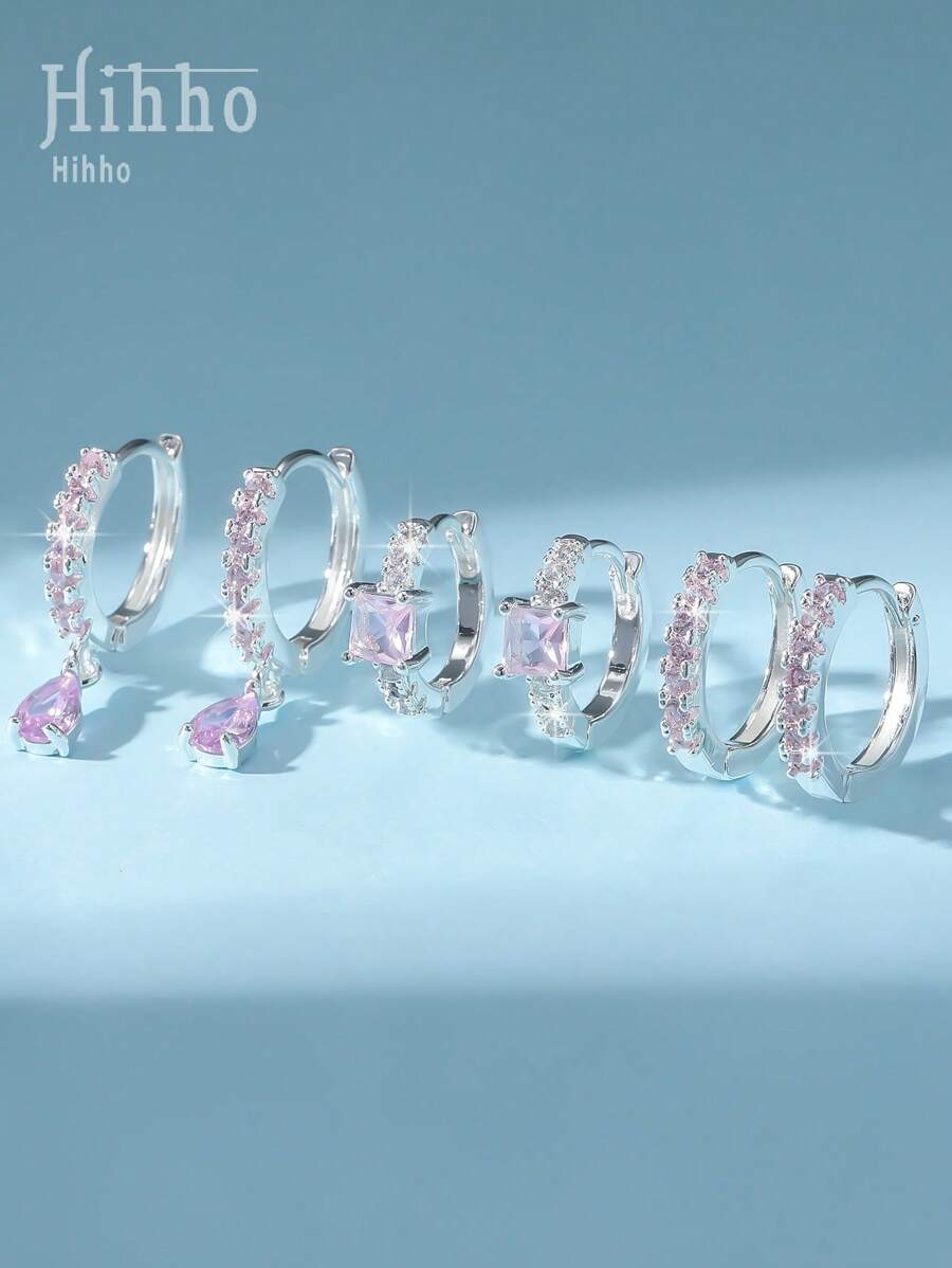 Hihho 3 đôi bông tai hình tròn dát đá khối hoàn toàn màu hồng với mặt dây chuyền hình giọt nước, trang sức tai duyên dáng dành cho phụ nữ để làm quà tặng hẹn hò - Bạc - Xem 1