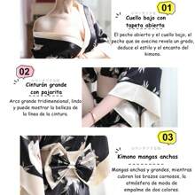 parte superior informal, ajuste relajado y pares cómodos bien con todos los fondos básicos, Camisón estilo estampado de Retro De Mujer Kimono Japonés largo con cinturón - Amarillo - Ver 8