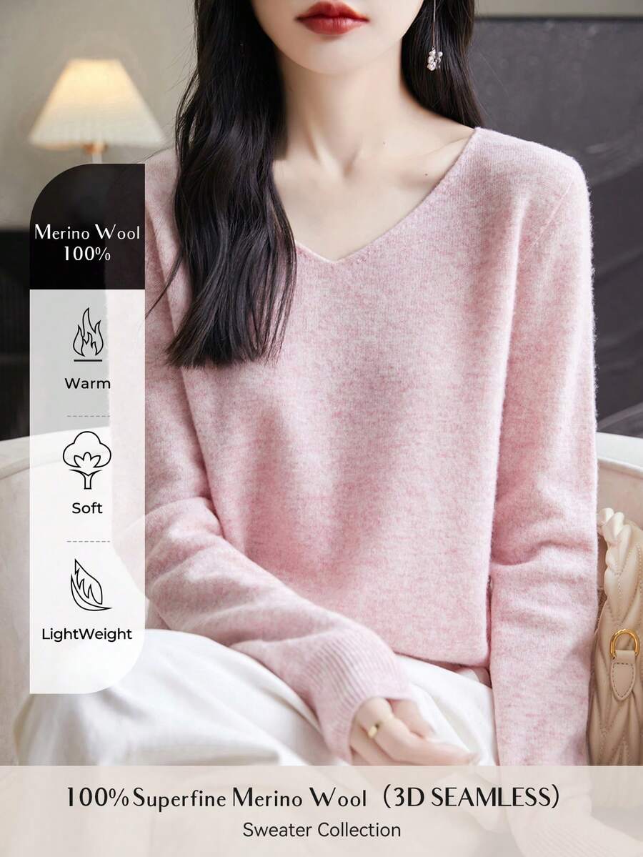 100%美麗諾羊毛女式毛衣V領套頭針織無縫長袖休閒毛衣