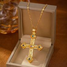 KOUYAN Un collar largo en forma de cruz para mujer de estilo europeo y americano, de lujo ligero, adecuado para festivales, cumpleaños, regalos de parejas, banquetes de bodas y collares decorativos. - oro - Ver 3