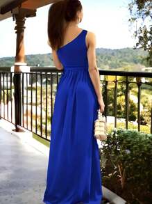 Vestido Elegante Con Cinturón Y Abertura Lateral Alta Para Mujer - Azul - Ver 4