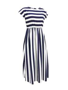 Summer Round Neck Striped Drop Shoulder Sleeve A-Line Midi Dress - Blue and White - View 3