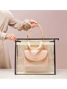 1pc Transparent Large Capacity Portable Storage Bag - High Quality Dust-Proof Hanging Bag, Saves Closet Space, Convenient For Storage And Organization, Each Bag Is Easy To Carry, Minimalist Transparent Handheld Storage Bag, Dust-Proof And Moisture-Proof Storage Bag, Multi-Functional Wardrobe Bag - Beige - View 3