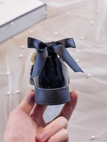 Zapatos de princesa para niñas, zapatos con estilo británico para todas las estaciones, suela blanda antideslizante tipo Mary Jane con lazo y perlas para niñas, diseño de cordones de PU - Negro - Ver 11