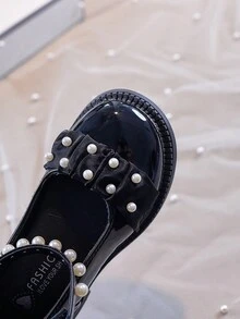 Zapatos de princesa para niñas, zapatos con estilo británico para todas las estaciones, suela blanda antideslizante tipo Mary Jane con lazo y perlas para niñas, diseño de cordones de PU - Negro - Ver 8
