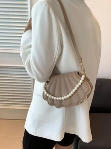 HELLO WEEKEND 1入組珍珠鏈繡PU材質手提翻蓋時尚手袋，適用於女士日常使用