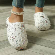 2024 年新款冬季蝴蝶孔雀刺绣闪亮软底拖鞋，女士公主拖鞋，保暖室内外毛绒拖鞋 - 白色 - 查看 2