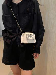 Solid Color Bow Small Square Women's Bag New Chain Diagonal Cross Shoulder Red Bag Valentines - White - View 8