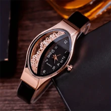 1pc Women's Fashionable Elegant & Cute Elliptical Watch With Rhinestone & Leather Strap, Quartz Wristwatch