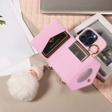 1 pieza Funda de teléfono con estilo de cartera, con espejo de maquillaje y diseño de muñeca de dibujos animados, protector de teléfono multifuncional compatible con Apple/Samsung, con accesorio de teléfono - Rosa - Ver 4