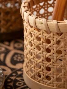 1pc Rattan Makeup Brush Storage Box, Hollow Design Cosmetics Storage Rack, Beauty Brush Barrel, Desktop Makeup Tools Storage Box - Multicolor - View 3