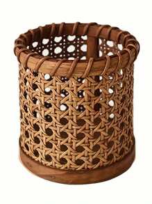 1pc Rattan Makeup Brush Storage Box, Hollow Design Cosmetics Storage Rack, Beauty Brush Barrel, Desktop Makeup Tools Storage Box - Multicolor - View 6