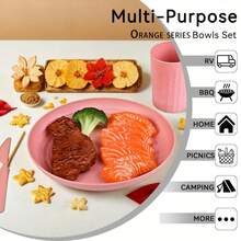 48 件小麦秸秆餐具套装 牢不可破的塑料盘子和碗碟 适用于旅行野餐露营餐具 彩色餐盘 可用于洗碗机 微波炉 可重复使用 轻质餐具 - 混色 - 查看 7