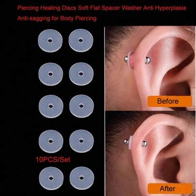 10 piezas Discos de silicona para la curación de piercings. Flexibles, antihipertrofia y evitan irritaciones e inflamaciones al perforar el lóbulo de la oreja, anillo nasal y piercing de labio.