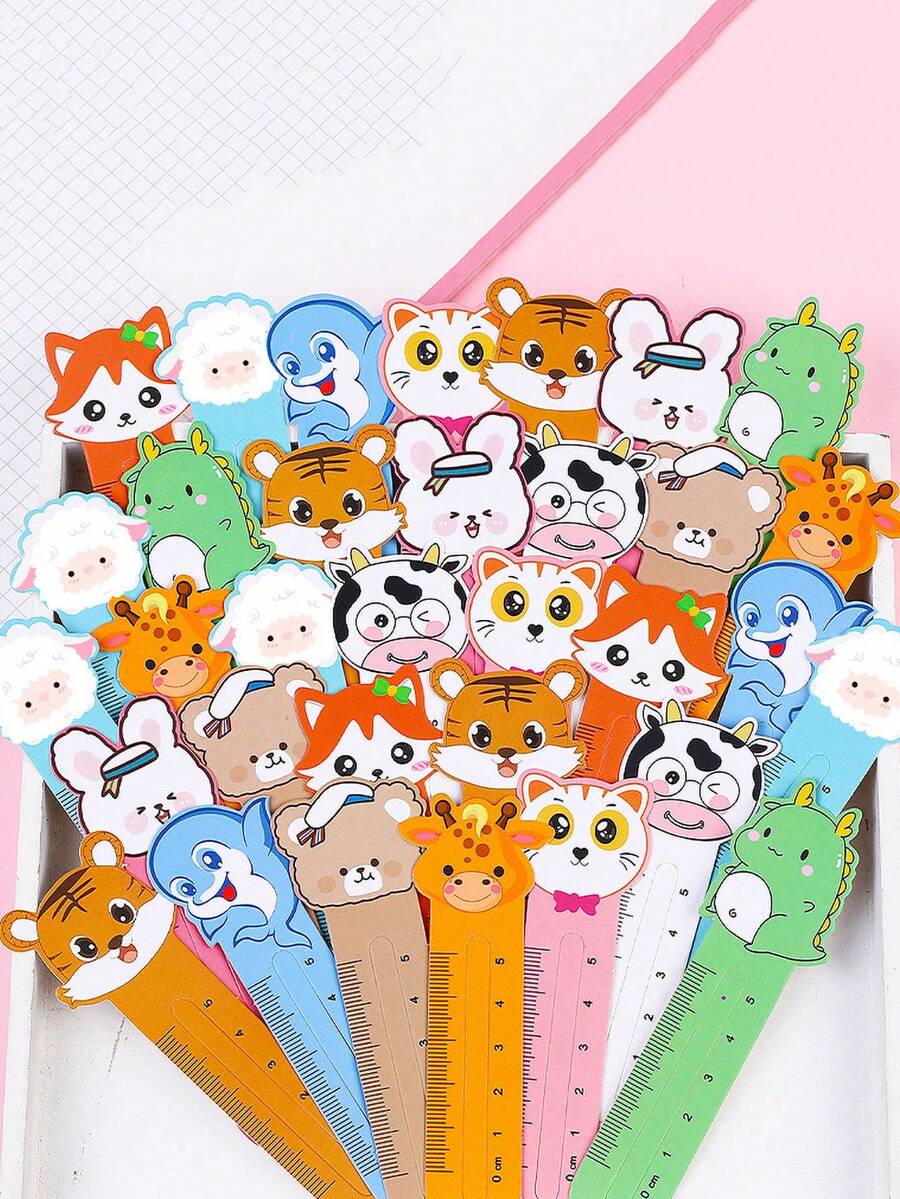 Set de 50 reglas de dibujos animados lindos para niños con marcadores de libros con forma de animales al azar, papelería escolar - Multicolor - Ver 1