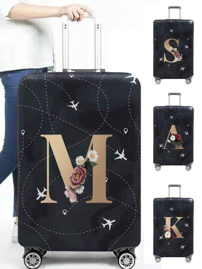 行李箱罩旅行箱罩适用于 18 至 32 英寸行李箱保护套，适用于男士女士户外度假旅行必需品配件涤纶行李箱弹力防尘罩时尚首字母姓名 A 至 Z 金色花朵字母印花包，适用于学校用品