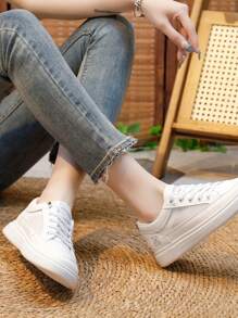 2024年韓版時尚透氣網面薄底女鞋，春秋新品，學生潮流萬能運動休閒鞋 - 白灰 - 查看 8