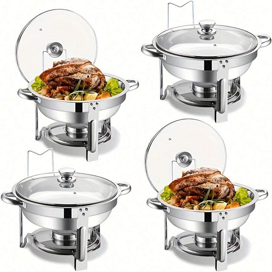 4-Piece Hot Pot Buffet Set, 4-Quart Round Buffet Hot Pot With Glass Cover And Lid, Gold Stand, Stainless Steel Gold Buffet Warmer Set For Catering, Potluck, Hotel Restaurant, Party And Wedding - 銀色 - 查看 1