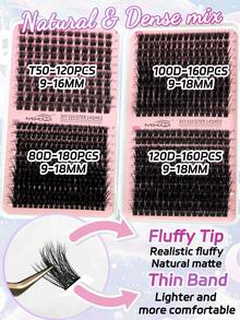 620入組4合1 DIY 蓬鬆睫毛延展套裝，眼睫毛簇根套裝 T50+80D+100D+120D 捲度單簇睫毛，有附粘合劑、密封劑、鑷子和睫毛刷，容量大 - 黑色 - 查看 4