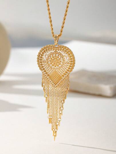 Herseygold 1入金鍍心形流蘇吊墜項鍊，土耳其庫爾德新娘長項鍊，佩戴阿拉伯圖案，送禮首選