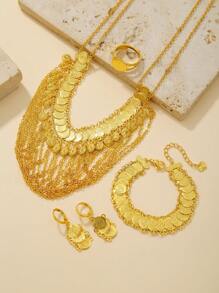 5 件/套时尚流苏链多层项链、金币、圆形硬币吊坠、耳环、手链、戒指、珠宝套装、新娘结婚珠宝、女性节日黄金珠宝 - 金黃色 - 查看 3