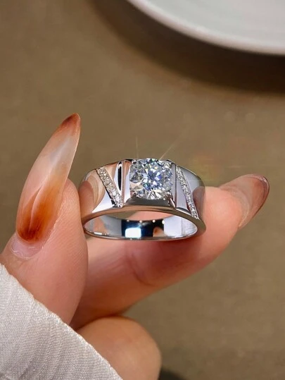 1 pieza 1ct Anillo de compromiso de Moissanita Banda de bodas S925 Anillo de promesa de Plata esterlina Anillo de eternidad Anillo de aniversario Joyería de lujo para hombres Anillo de diamantes de imitación para joyería de novia