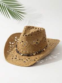 1pc Unisex Belt Decor Dyeing Wide Brim Printed Summer Travel Shade Western Style Cowboy Hat Cowgirl Hat Beach Hat Hollow Breathable With Beaded Trim Band Hand Woven Sun Hat Straw Hat - Multicolor 2 - View 11