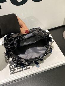 新款彩色闪光长方形女士包，个性化百搭拉链斜挎包，独特设计链条晚装包 - 黑色 - 查看 4