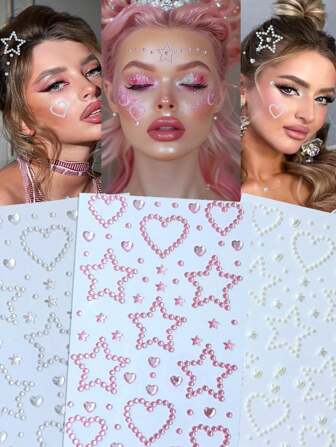 1 Set Heart Star Beige Stereo Body Glittery Gem Stickers Wedding Party Bride Bridesmaid Makeup Birthday Party  Music Festival Gift DIY Eyes Face Jewels Stickers Suitable For Dance Performances Parties And Stage Makeup Fake Tattoos