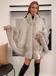 1 Peça Casaco de Suéter Longo Oversized com Capuz, Gola de Pele Sintética de Coelho, Bainha com Franjas, Tecido Acrílico Tricotado, Estilo Europeu e Americano, Novo Outono/Inverno, para Vestido