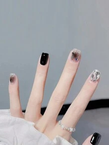 30 piezas Juego de puntas de uñas cuadradas de corta duración con diseño de "Cielo estrellado y luna" con 1 pieza de pegamento de gel y 1 pieza de lima de uñas para una actualización de estilo instantánea de uñas postizas, suministros para uñas - Multicolor - Ver 3