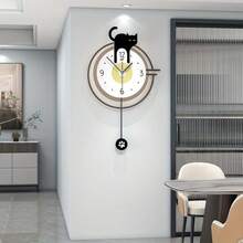 1 Đồng hồ treo tường bằng gỗ, thiết kế hình mèo đen và chân có con lắc lắc lư, đồng hồ im lặng hoạt hình để trang trí phòng khách, phòng ăn, phòng ngủ - Đen và trắng - Xem 1