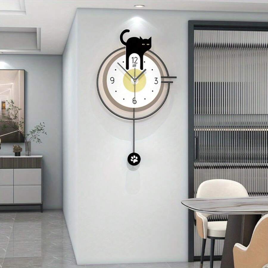 1 Đồng hồ treo tường bằng gỗ, thiết kế hình mèo đen và chân có con lắc lắc lư, đồng hồ im lặng hoạt hình để trang trí phòng khách, phòng ăn, phòng ngủ - Đen và trắng - Xem 1