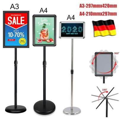 Suporte de informações prateado preto DIN A3/A4 suporte de pôster suporte de exibição de menu suporte de publicidade DE adequado para shopping centers, restaurantes, sinais de orientação rodoviária, simples e fácil de instalar DE